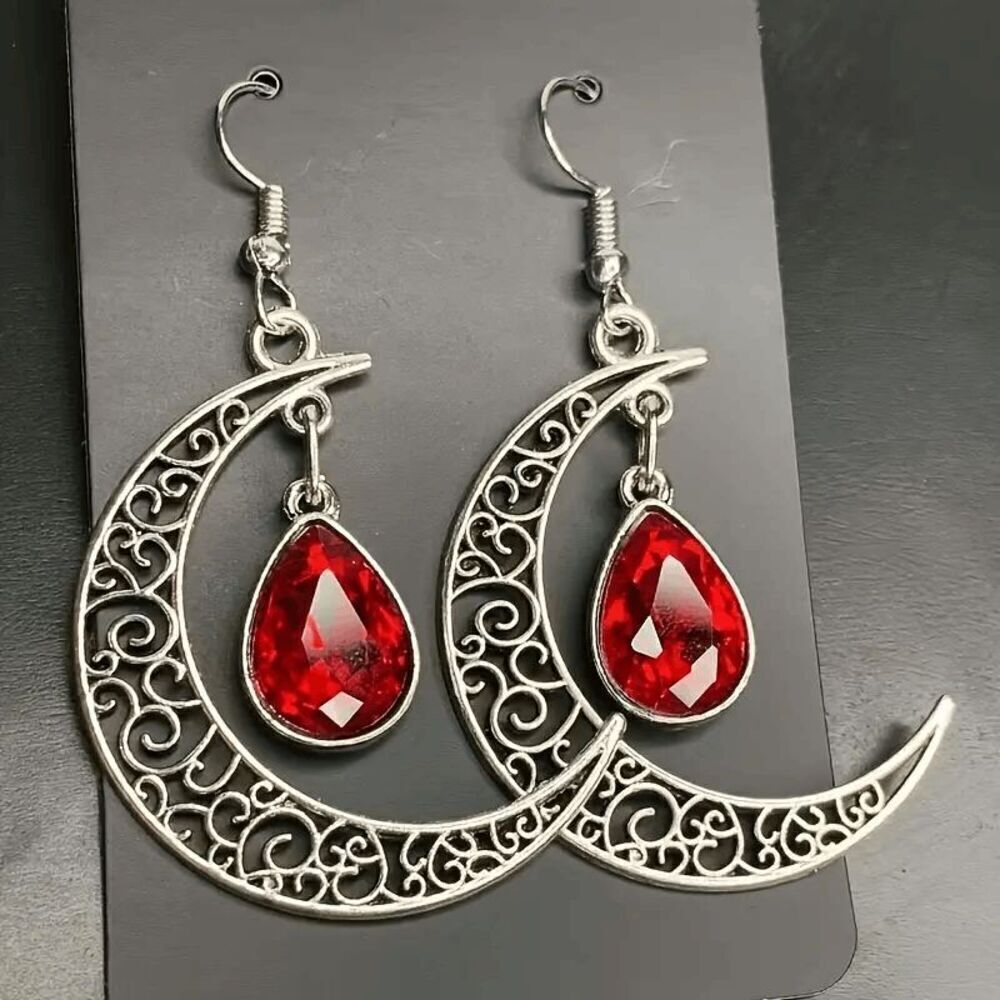 Boho Crescent Moon Ruby Filigree Dangle Earrings